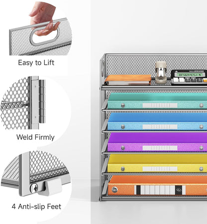 5 Tray Paper Organizer Letter Tray with Handle - Mesh Desk File Organizer, Paper Sorter Organizer for Office, Home or School File Folder Holder - Pink