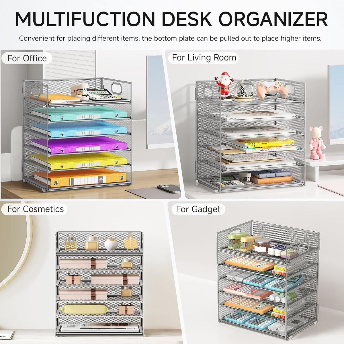 5 Tray Paper Organizer Letter Tray with Handle - Mesh Desk File Organizer, Paper Sorter Organizer for Office, Home or School File Folder Holder - Pink