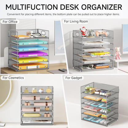 5 Tray Paper Organizer Letter Tray with Handle - Mesh Desk File Organizer, Paper Sorter Organizer for Office, Home or School File Folder Holder - Pink