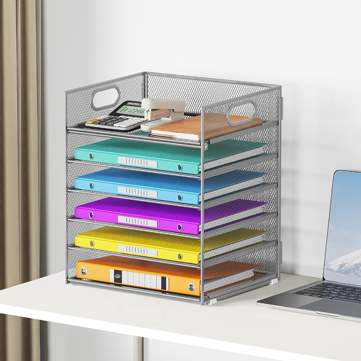 5 Tray Paper Organizer Letter Tray with Handle - Mesh Desk File Organizer, Paper Sorter Organizer for Office, Home or School File Folder Holder - Pink