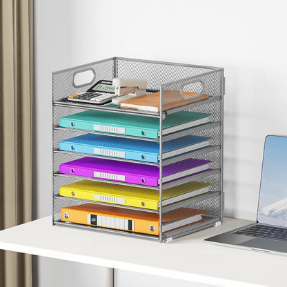 5 Tray Paper Organizer Letter Tray with Handle - Mesh Desk File Organizer, Paper Sorter Organizer for Office, Home or School File Folder Holder - Pink
