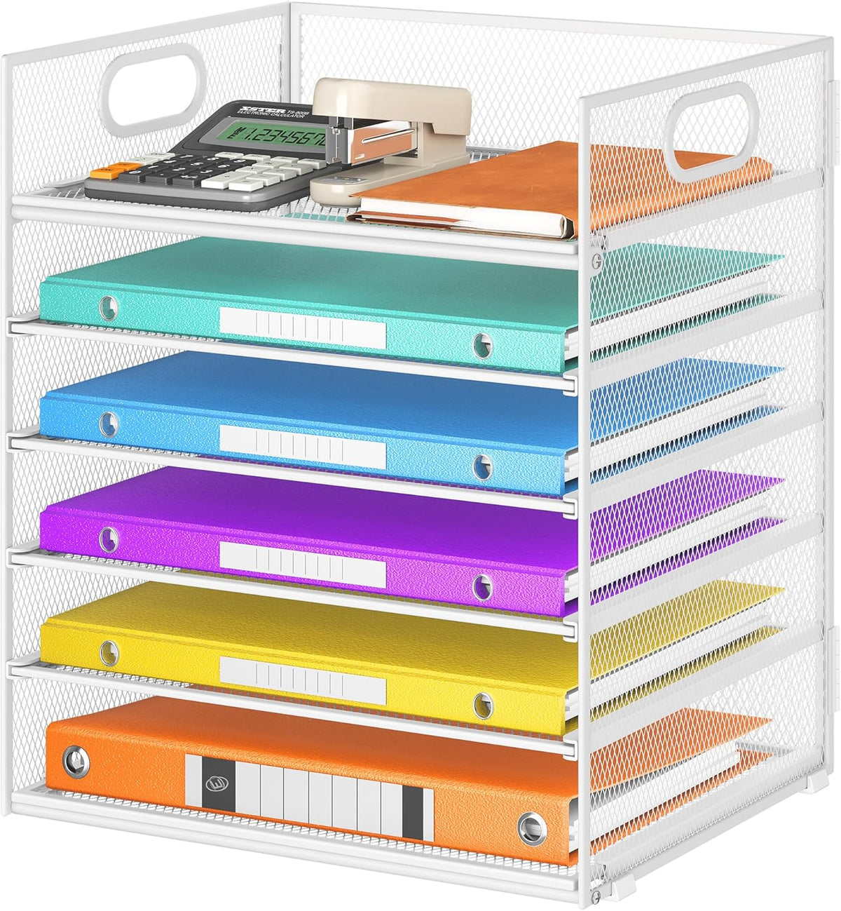5 Tray Paper Organizer Letter Tray with Handle - Mesh Desk File Organizer, Paper Sorter Organizer for Office, Home or School File Folder Holder - Pink