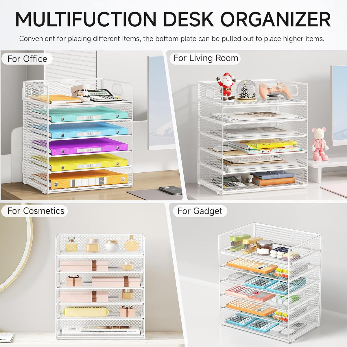 5 Tray Paper Organizer Letter Tray with Handle - Mesh Desk File Organizer, Paper Sorter Organizer for Office, Home or School File Folder Holder - Pink