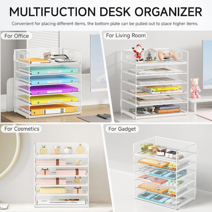 5 Tray Paper Organizer Letter Tray with Handle - Mesh Desk File Organizer, Paper Sorter Organizer for Office, Home or School File Folder Holder - Pink