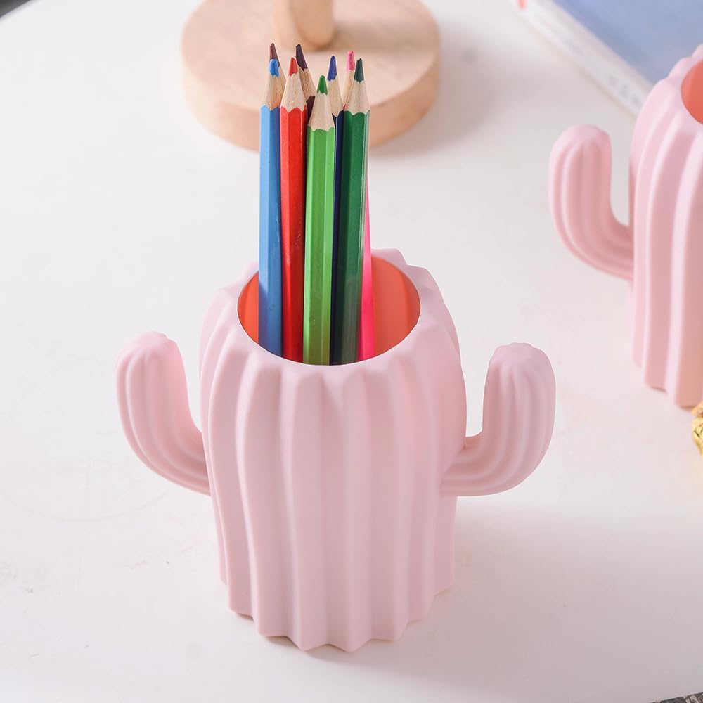 Silicone Pen Holder Cactus Cute Pencil Holder Cup Pot for Desk for Kids Office Decor Desk Organizer Makeup brush Holder Toothbrush Holder (Green)