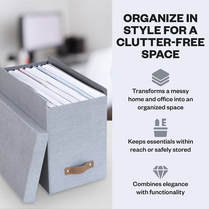 John Desktop File Box - Storage Solution and Document Organizer for Important Paperwork - Durable Hanging File Box with a Lid and Leather Handle - 7.36 in x 13.26 in x 10.51 in - Ash