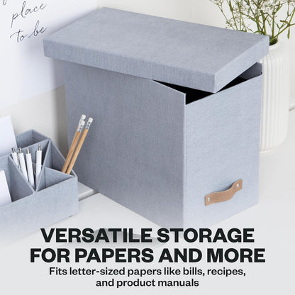 John Desktop File Box - Storage Solution and Document Organizer for Important Paperwork - Durable Hanging File Box with a Lid and Leather Handle - 7.36 in x 13.26 in x 10.51 in - Ash