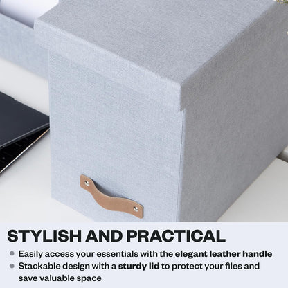 John Desktop File Box - Storage Solution and Document Organizer for Important Paperwork - Durable Hanging File Box with a Lid and Leather Handle - 7.36 in x 13.26 in x 10.51 in - Ash