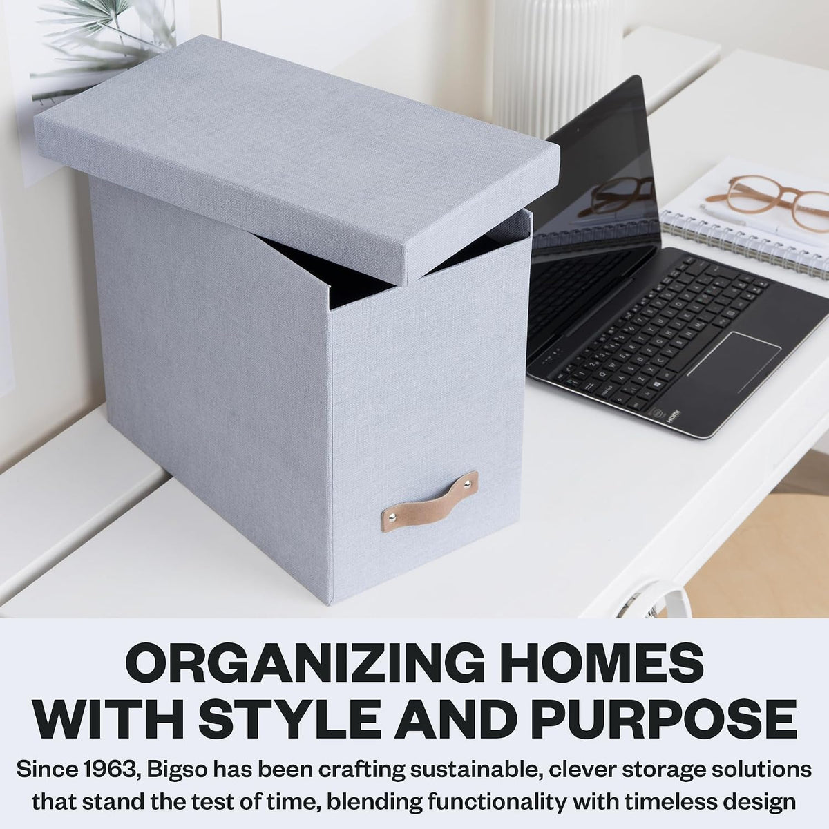 John Desktop File Box - Storage Solution and Document Organizer for Important Paperwork - Durable Hanging File Box with a Lid and Leather Handle - 7.36 in x 13.26 in x 10.51 in - Ash