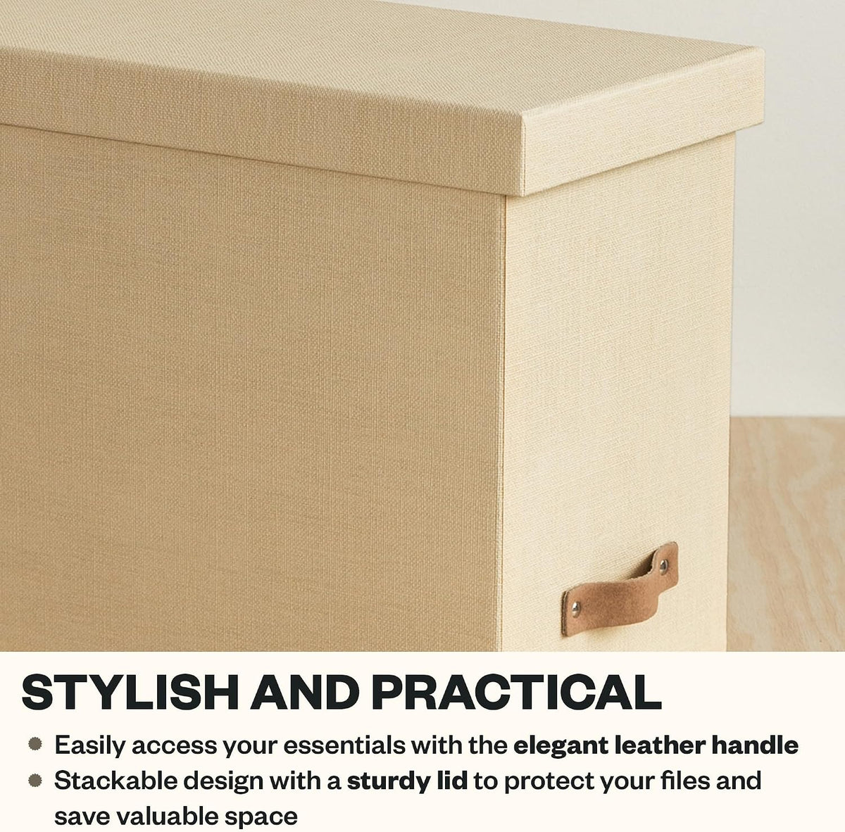 John Desktop File Box - Storage Solution and Document Organizer for Important Paperwork - Durable Hanging File Box with a Lid and Leather Handle - 7.36 in x 13.26 in x 10.51 in - Ash