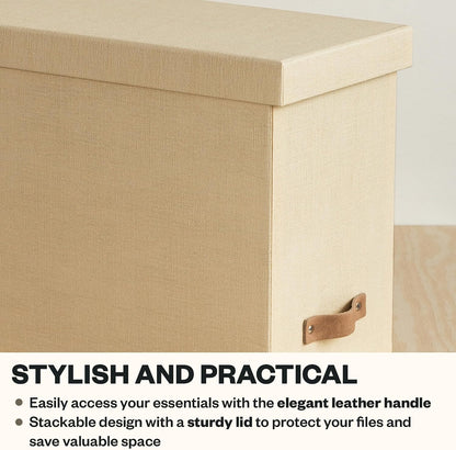John Desktop File Box - Storage Solution and Document Organizer for Important Paperwork - Durable Hanging File Box with a Lid and Leather Handle - 7.36 in x 13.26 in x 10.51 in - Ash