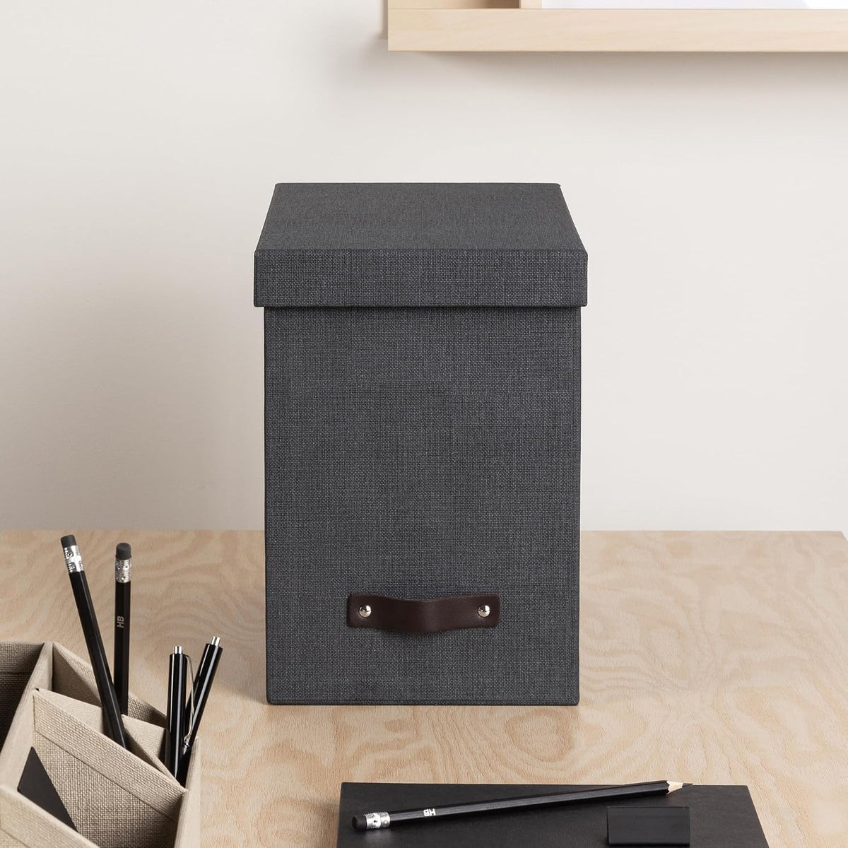 John Desktop File Box - Storage Solution and Document Organizer for Important Paperwork - Durable Hanging File Box with a Lid and Leather Handle - 7.36 in x 13.26 in x 10.51 in - Ash