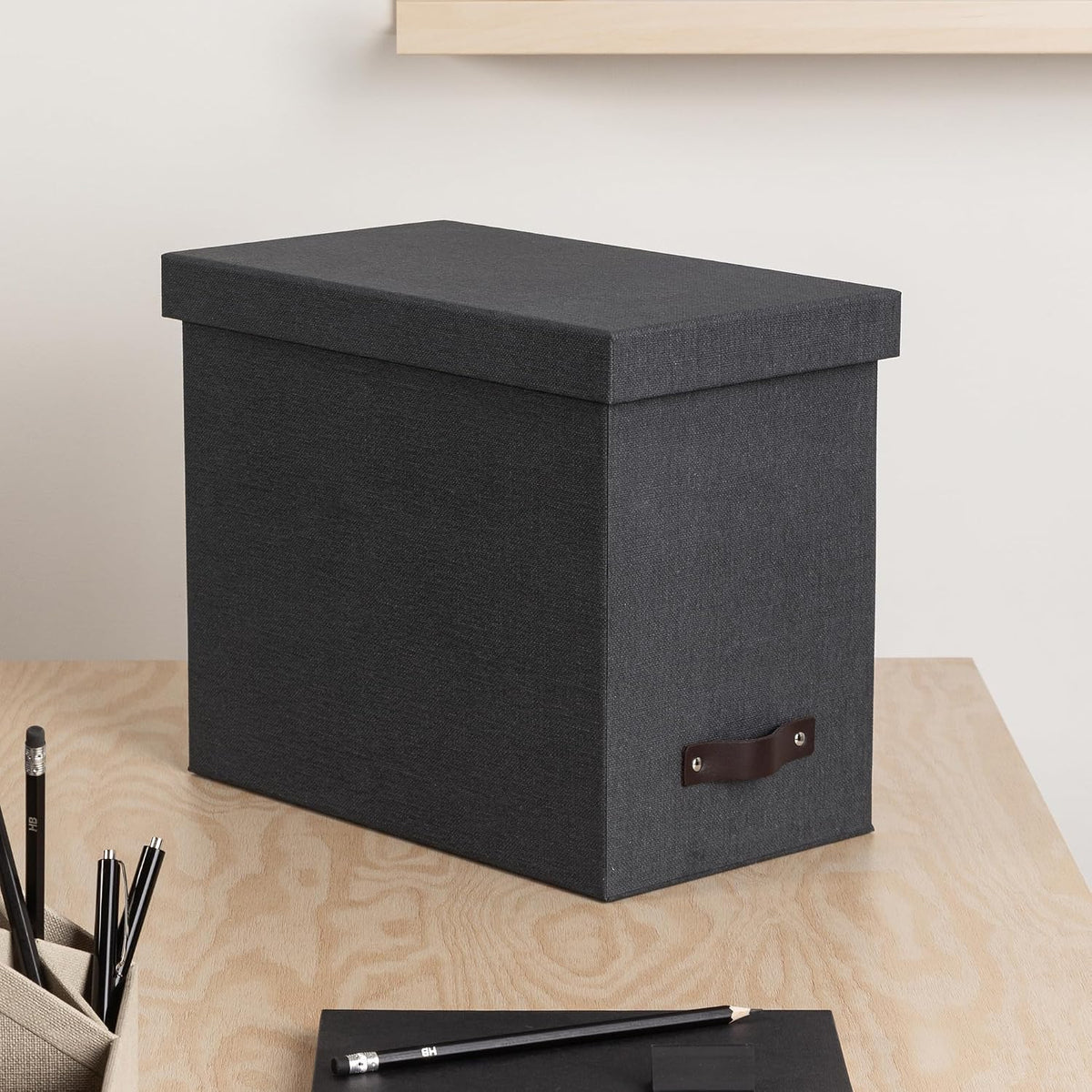 John Desktop File Box - Storage Solution and Document Organizer for Important Paperwork - Durable Hanging File Box with a Lid and Leather Handle - 7.36 in x 13.26 in x 10.51 in - Ash