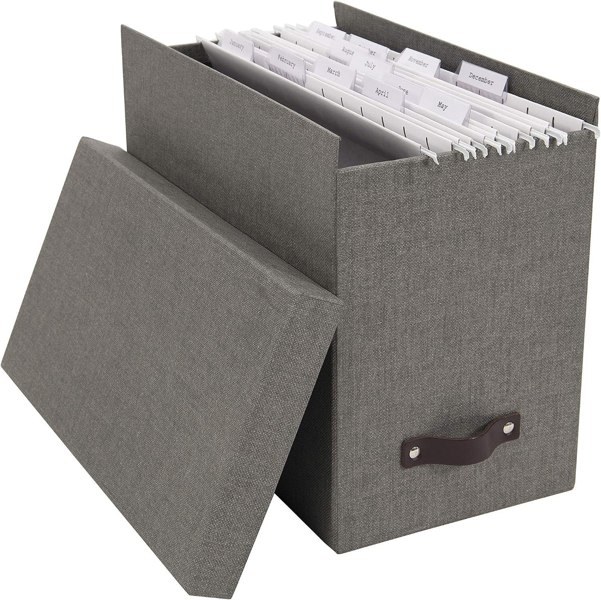 John Desktop File Box - Storage Solution and Document Organizer for Important Paperwork - Durable Hanging File Box with a Lid and Leather Handle - 7.36 in x 13.26 in x 10.51 in - Ash