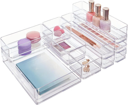 SimpleSort Stackable Clear Drawer Organizer Set | Multi-size Trays | Makeup Vanity Storage Bins and Office Desk Drawer Dividers | Made in USA