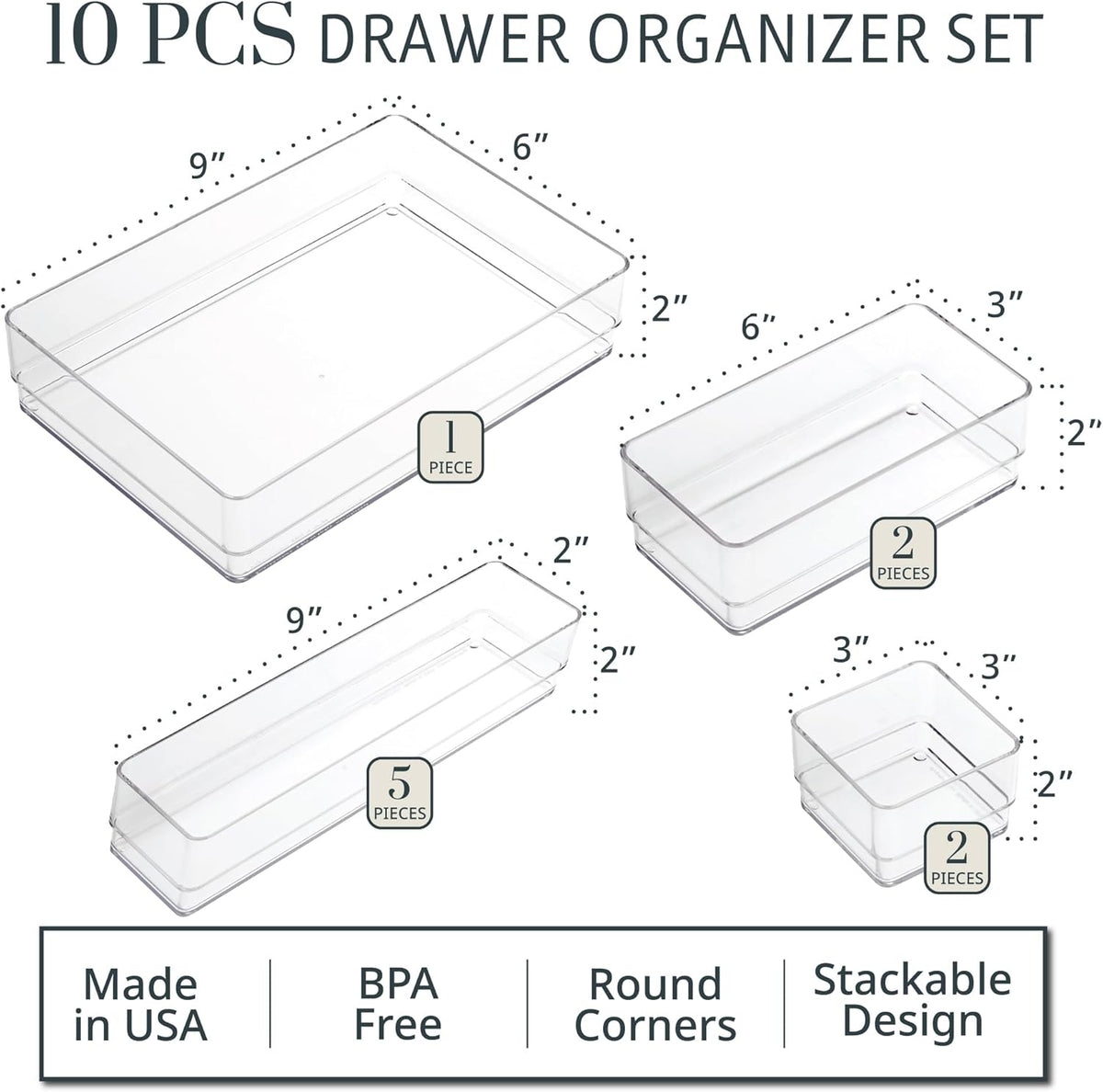 SimpleSort Stackable Clear Drawer Organizer Set | Multi-size Trays | Makeup Vanity Storage Bins and Office Desk Drawer Dividers | Made in USA