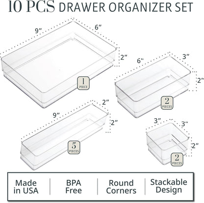 SimpleSort Stackable Clear Drawer Organizer Set | Multi-size Trays | Makeup Vanity Storage Bins and Office Desk Drawer Dividers | Made in USA