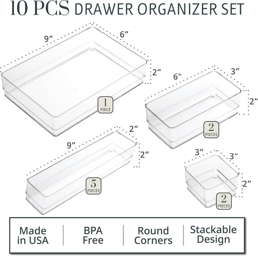 SimpleSort Stackable Clear Drawer Organizer Set | Multi-size Trays | Makeup Vanity Storage Bins and Office Desk Drawer Dividers | Made in USA