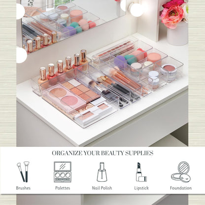 SimpleSort Stackable Clear Drawer Organizer Set | Multi-size Trays | Makeup Vanity Storage Bins and Office Desk Drawer Dividers | Made in USA