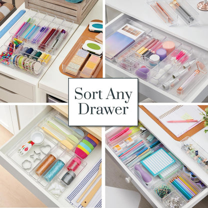 SimpleSort Stackable Clear Drawer Organizer Set | Multi-size Trays | Makeup Vanity Storage Bins and Office Desk Drawer Dividers | Made in USA