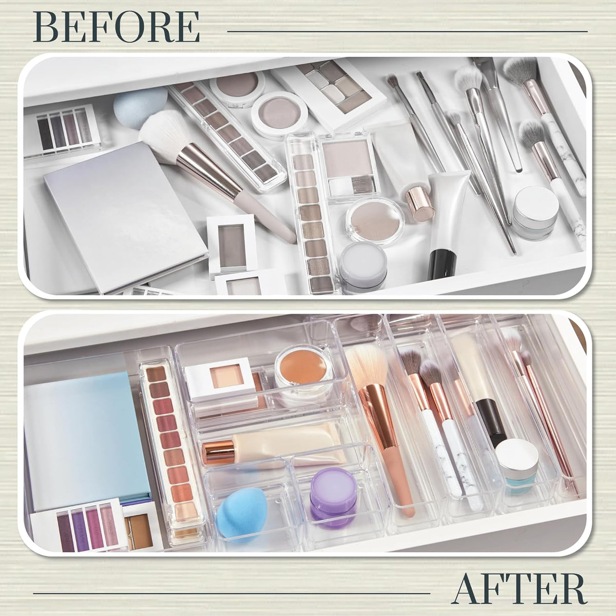 SimpleSort Stackable Clear Drawer Organizer Set | Multi-size Trays | Makeup Vanity Storage Bins and Office Desk Drawer Dividers | Made in USA
