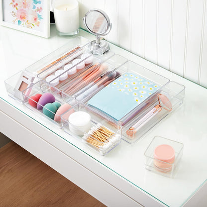 SimpleSort Stackable Clear Drawer Organizer Set | Multi-size Trays | Makeup Vanity Storage Bins and Office Desk Drawer Dividers | Made in USA