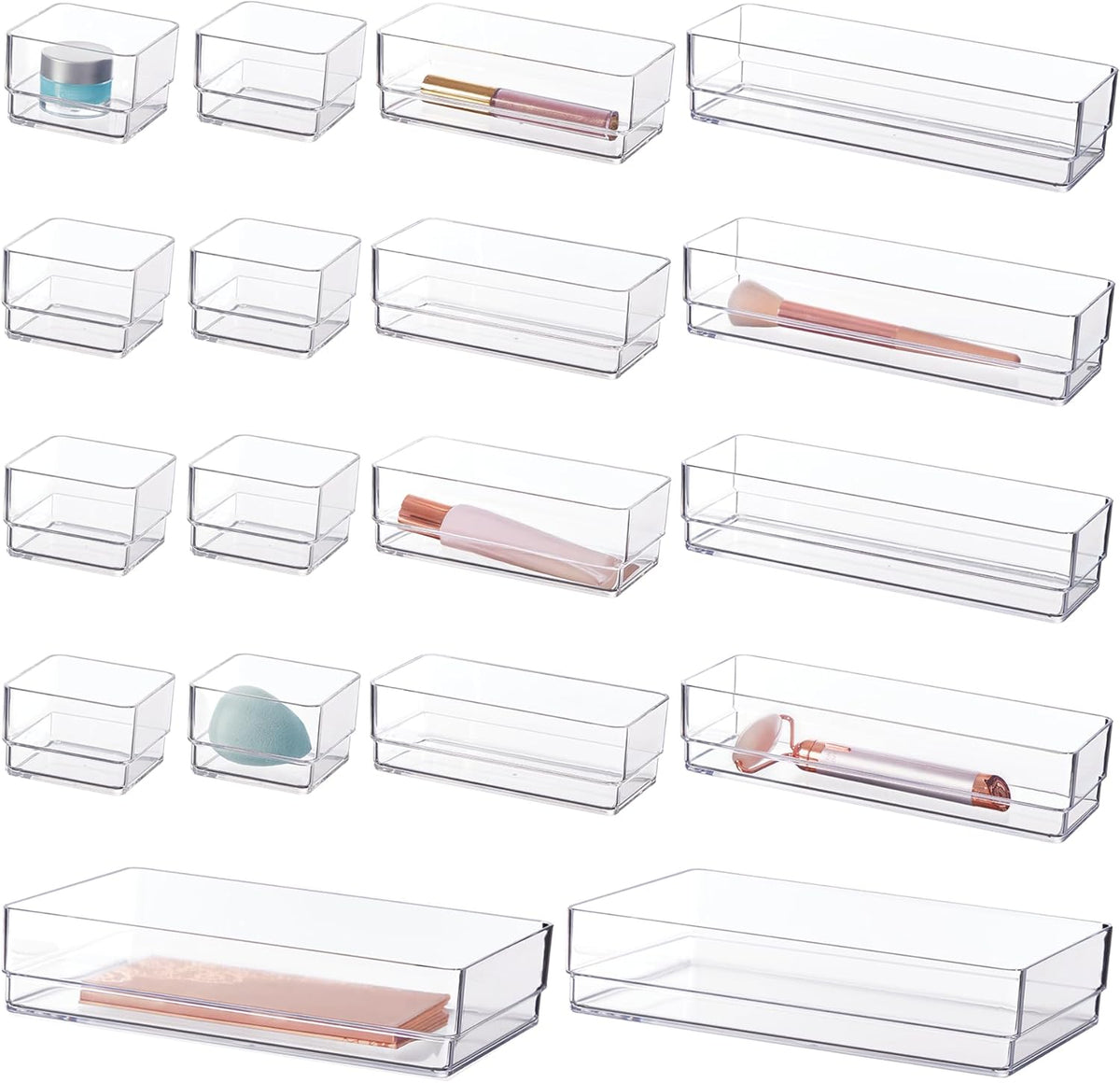 SimpleSort Stackable Clear Drawer Organizer Set | Multi-size Trays | Makeup Vanity Storage Bins and Office Desk Drawer Dividers | Made in USA