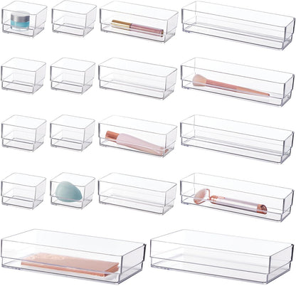 SimpleSort Stackable Clear Drawer Organizer Set | Multi-size Trays | Makeup Vanity Storage Bins and Office Desk Drawer Dividers | Made in USA