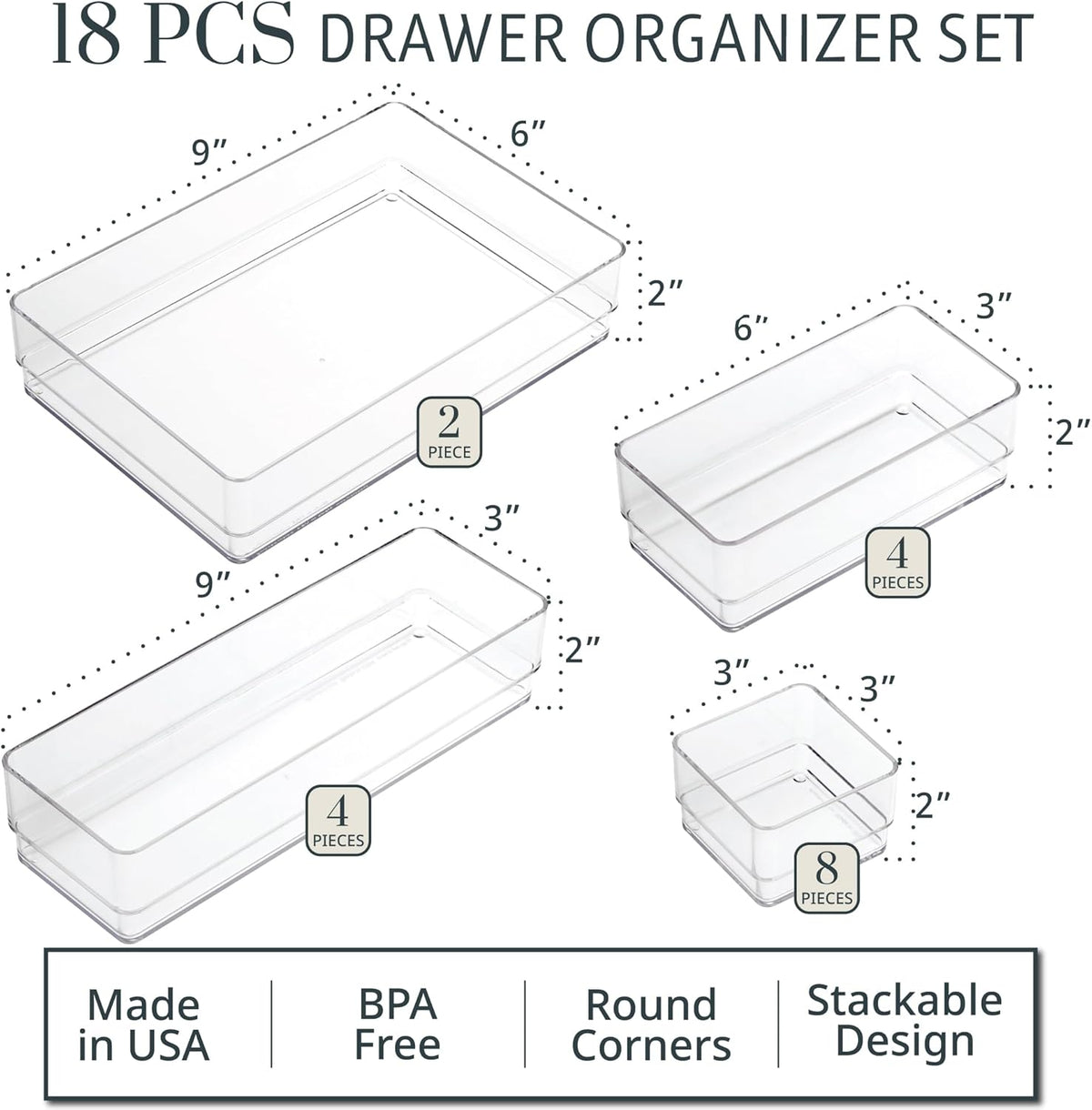 SimpleSort Stackable Clear Drawer Organizer Set | Multi-size Trays | Makeup Vanity Storage Bins and Office Desk Drawer Dividers | Made in USA