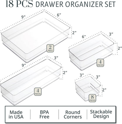 SimpleSort Stackable Clear Drawer Organizer Set | Multi-size Trays | Makeup Vanity Storage Bins and Office Desk Drawer Dividers | Made in USA