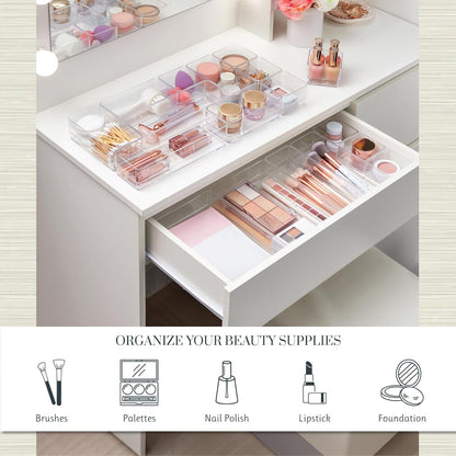 SimpleSort Stackable Clear Drawer Organizer Set | Multi-size Trays | Makeup Vanity Storage Bins and Office Desk Drawer Dividers | Made in USA