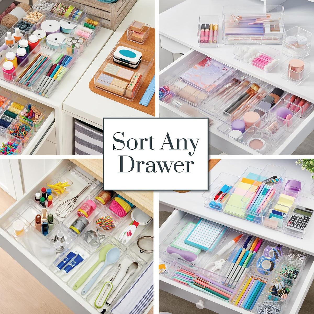 SimpleSort Stackable Clear Drawer Organizer Set | Multi-size Trays | Makeup Vanity Storage Bins and Office Desk Drawer Dividers | Made in USA