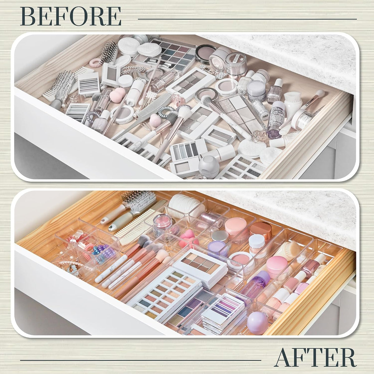 SimpleSort Stackable Clear Drawer Organizer Set | Multi-size Trays | Makeup Vanity Storage Bins and Office Desk Drawer Dividers | Made in USA