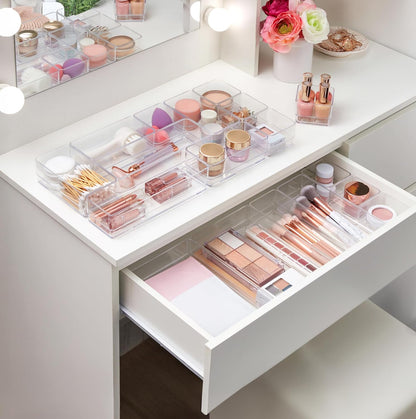 SimpleSort Stackable Clear Drawer Organizer Set | Multi-size Trays | Makeup Vanity Storage Bins and Office Desk Drawer Dividers | Made in USA