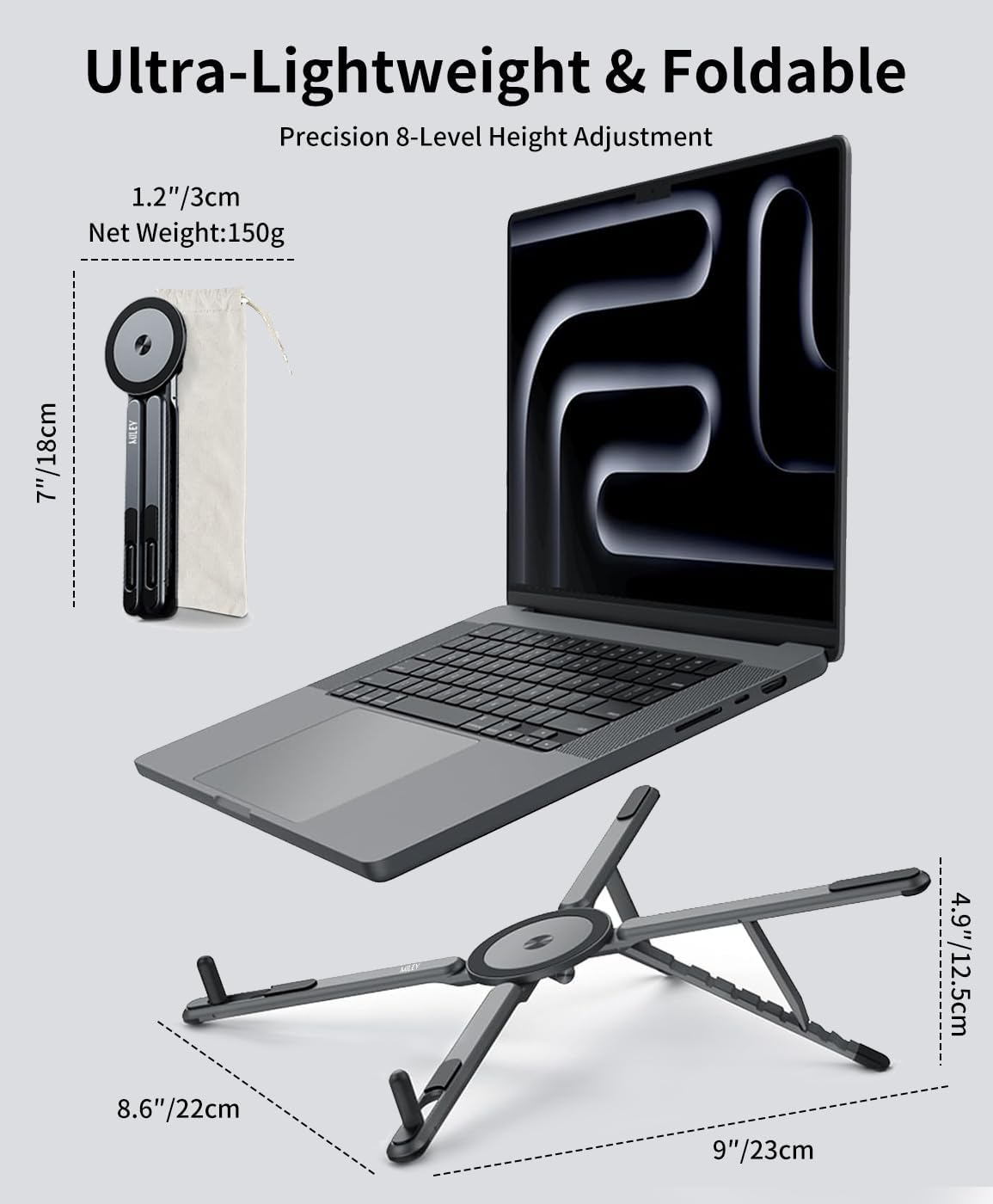 Laptop Stand for Desk, 8-Level Adjustable, Magnetic Phone Mount Gray