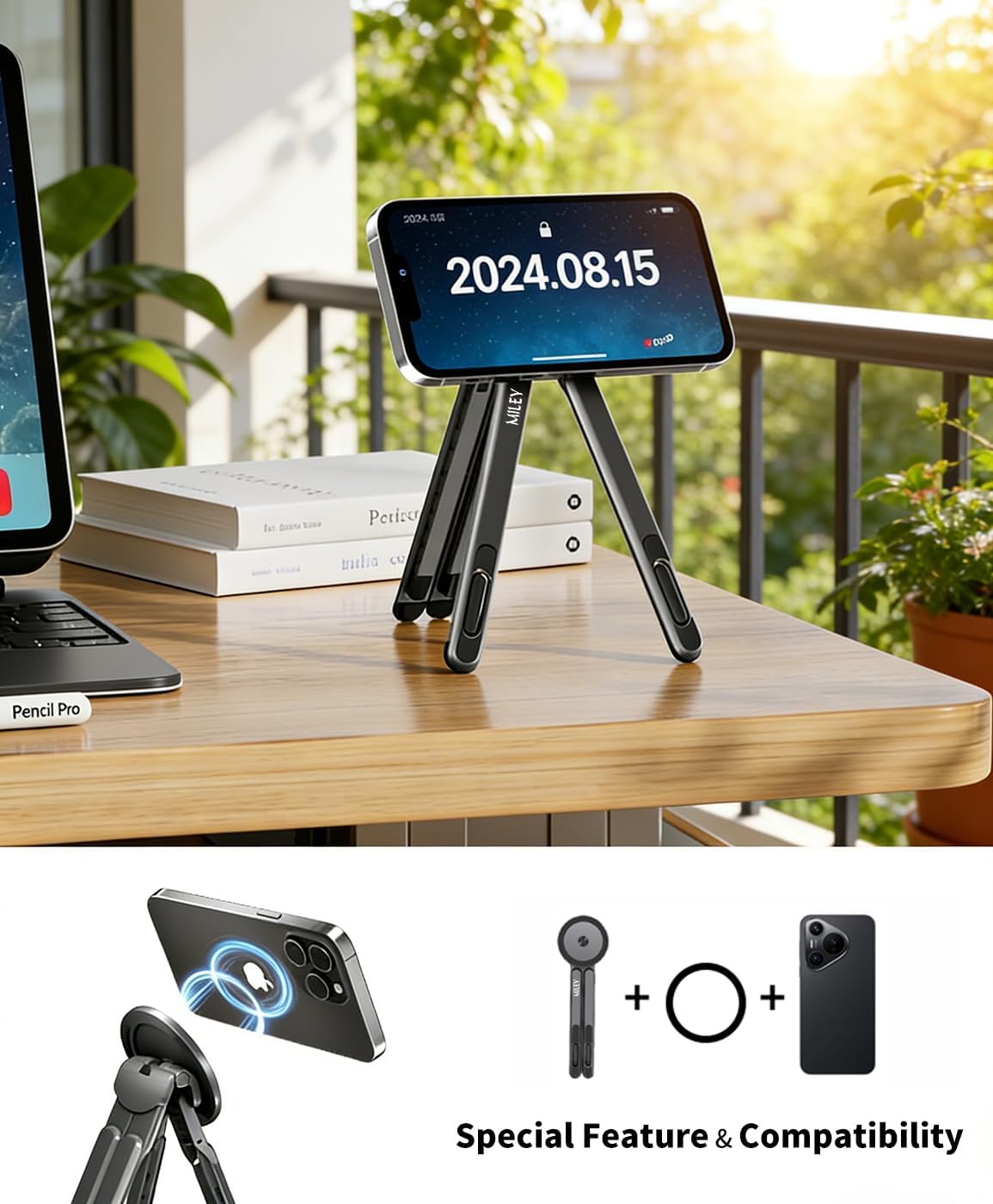 Laptop Stand for Desk, 8-Level Adjustable, Magnetic Phone Mount Gray