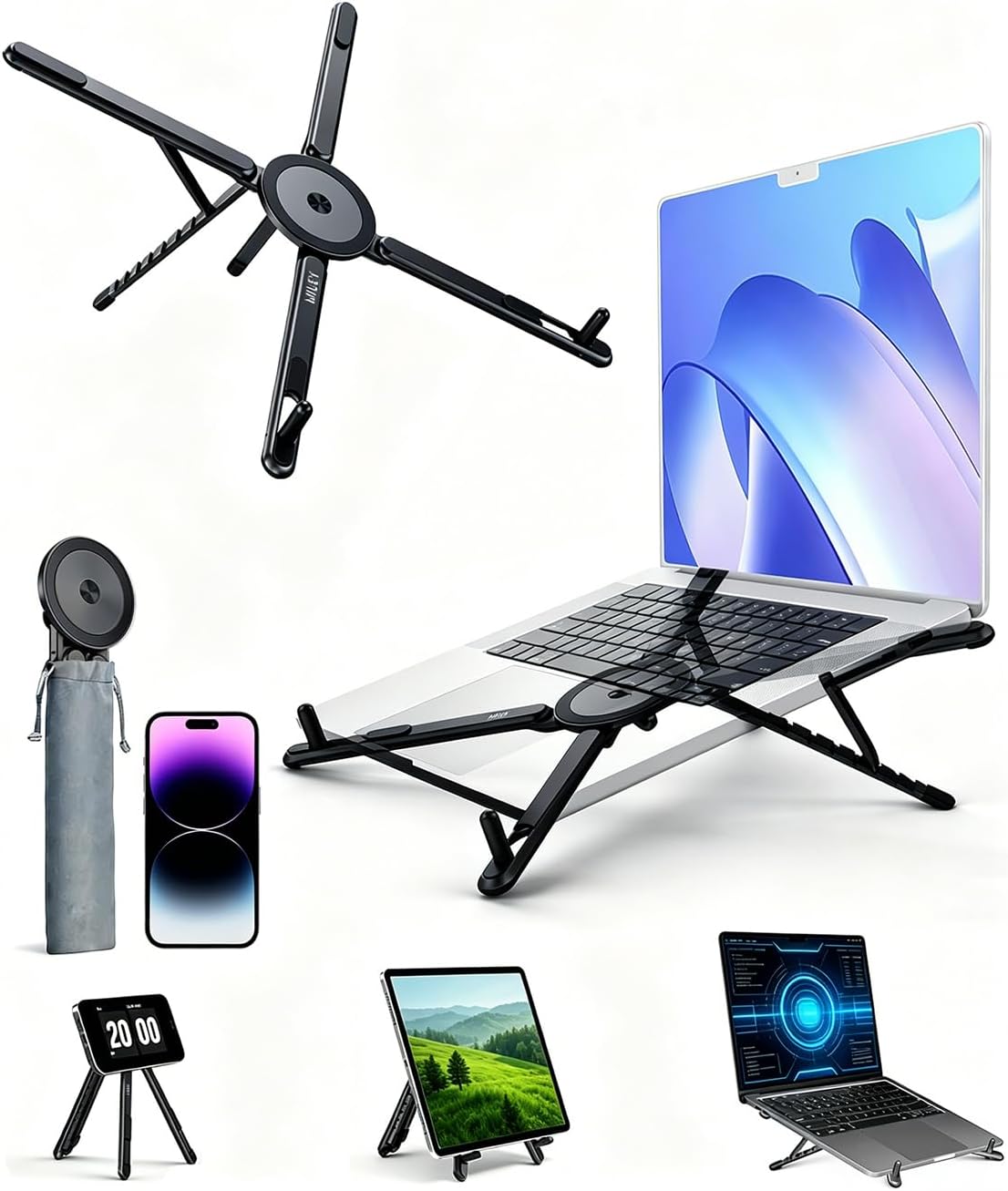 Laptop Stand for Desk, 8-Level Adjustable, Magnetic Phone Mount Gray