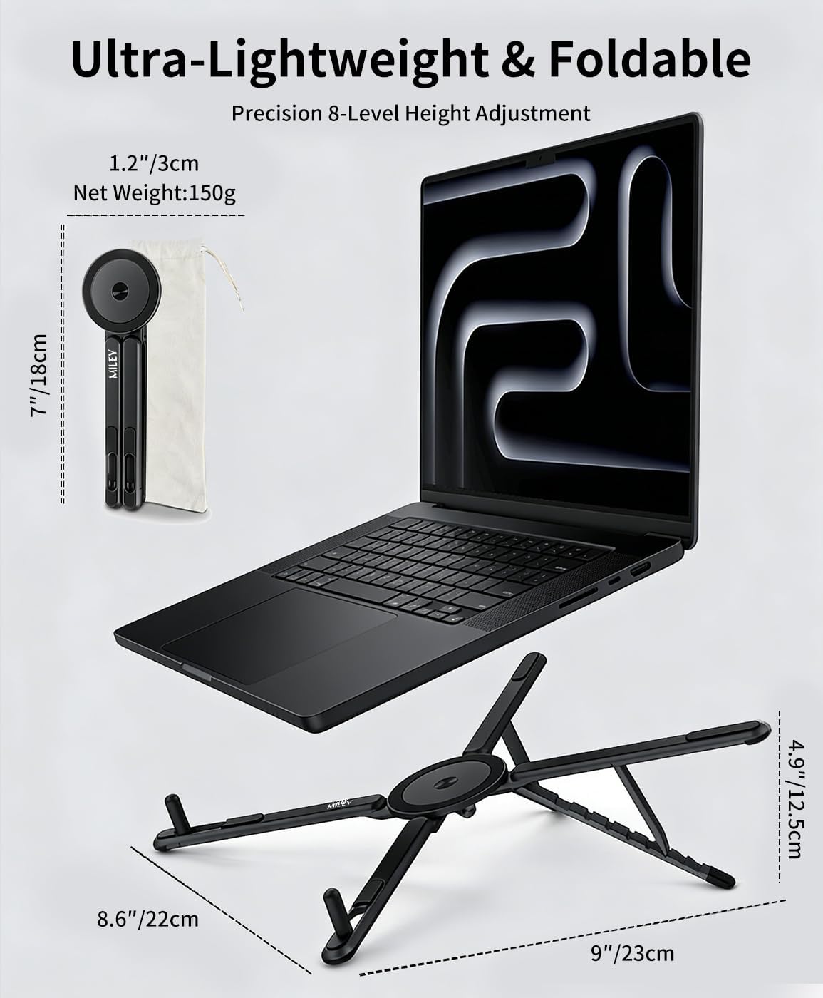 Laptop Stand for Desk, 8-Level Adjustable, Magnetic Phone Mount Gray
