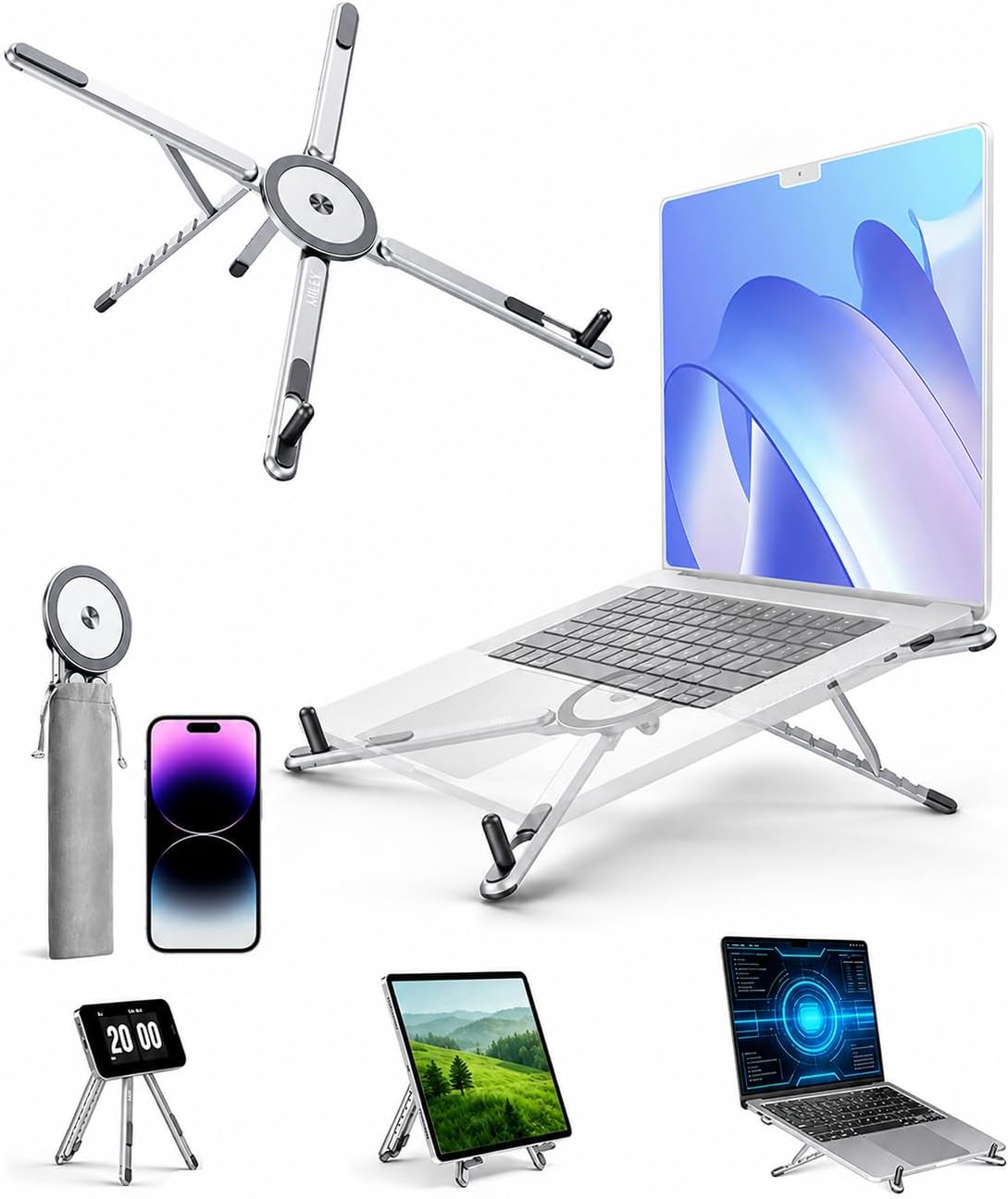 Laptop Stand for Desk, 8-Level Adjustable, Magnetic Phone Mount Gray
