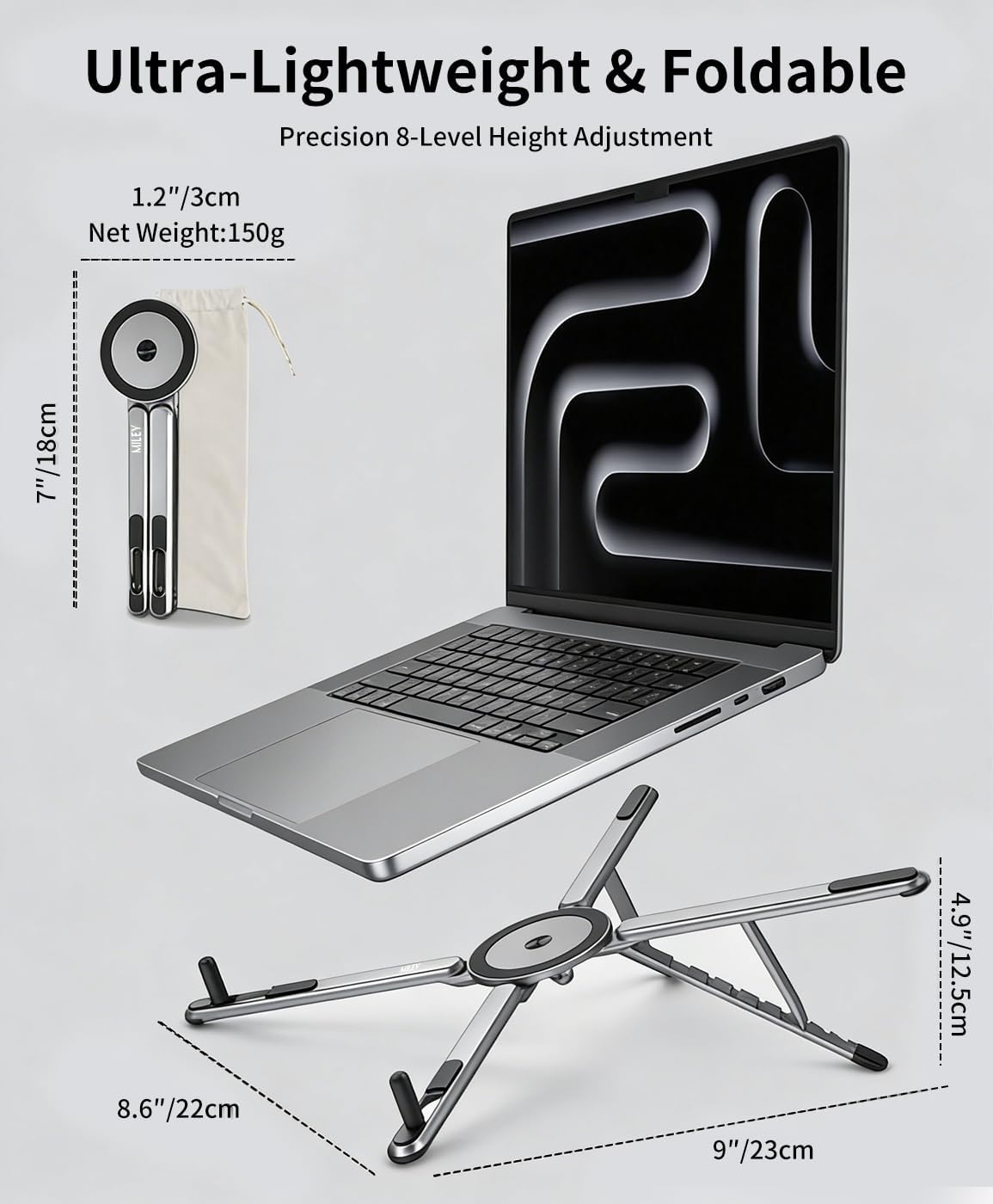Laptop Stand for Desk, 8-Level Adjustable, Magnetic Phone Mount Gray