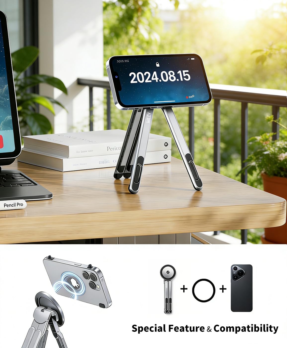 Laptop Stand for Desk, 8-Level Adjustable, Magnetic Phone Mount Gray