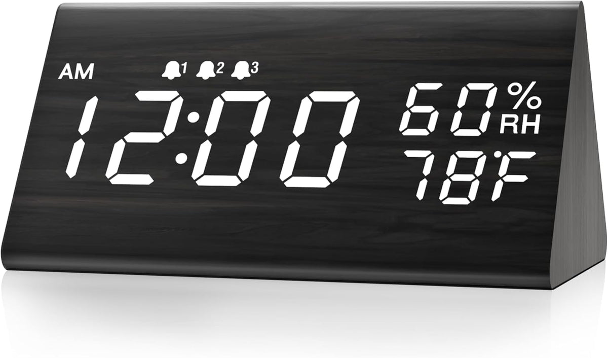 Wooden Digital Alarm Clock for Bedrooms and Office, 3 Alarms with Big Digits, Humidity and Temperature Display, 6-Level Dimmer, Snooze, Loud Desk Clock for Heavy Sleepers, Plug in (Black)