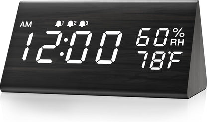 Wooden Digital Alarm Clock for Bedrooms and Office, 3 Alarms with Big Digits, Humidity and Temperature Display, 6-Level Dimmer, Snooze, Loud Desk Clock for Heavy Sleepers, Plug in (Black)