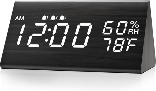 Wooden Digital Alarm Clock for Bedrooms and Office, 3 Alarms with Big Digits, Humidity and Temperature Display, 6-Level Dimmer, Snooze, Loud Desk Clock for Heavy Sleepers, Plug in (Black)