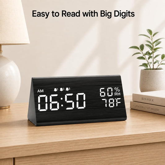 Wooden Digital Alarm Clock for Bedrooms and Office, 3 Alarms with Big Digits, Humidity and Temperature Display, 6-Level Dimmer, Snooze, Loud Desk Clock for Heavy Sleepers, Plug in (Black)