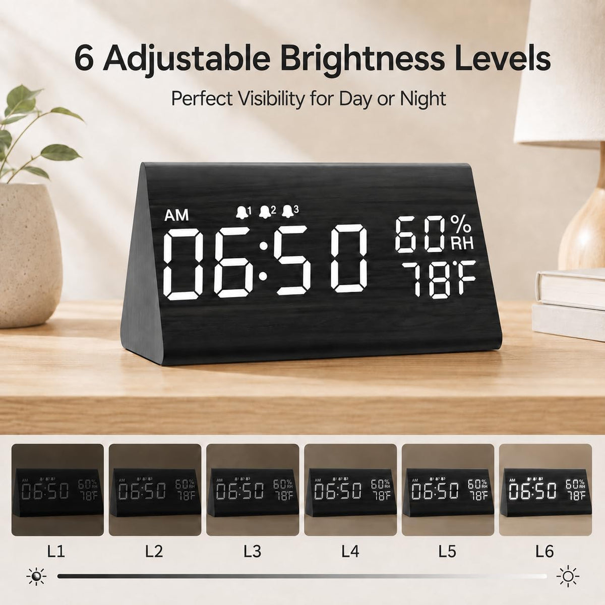 Wooden Digital Alarm Clock for Bedrooms and Office, 3 Alarms with Big Digits, Humidity and Temperature Display, 6-Level Dimmer, Snooze, Loud Desk Clock for Heavy Sleepers, Plug in (Black)