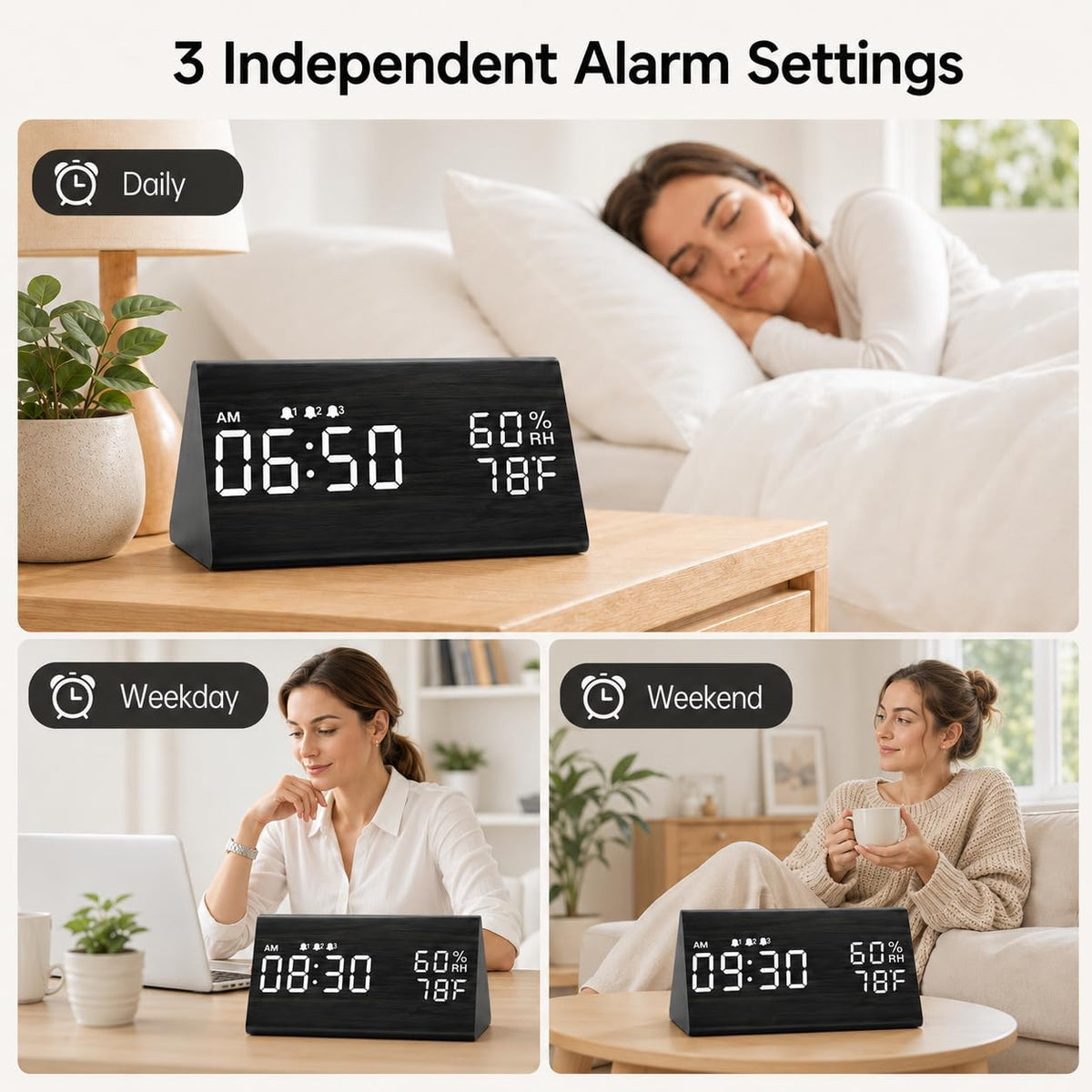 Wooden Digital Alarm Clock for Bedrooms and Office, 3 Alarms with Big Digits, Humidity and Temperature Display, 6-Level Dimmer, Snooze, Loud Desk Clock for Heavy Sleepers, Plug in (Black)