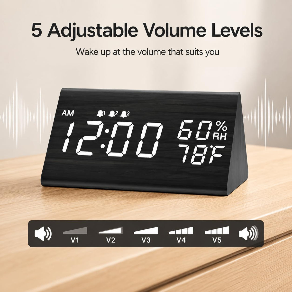 Wooden Digital Alarm Clock for Bedrooms and Office, 3 Alarms with Big Digits, Humidity and Temperature Display, 6-Level Dimmer, Snooze, Loud Desk Clock for Heavy Sleepers, Plug in (Black)