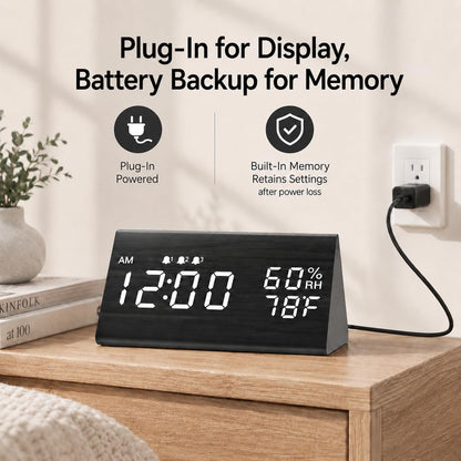 Wooden Digital Alarm Clock for Bedrooms and Office, 3 Alarms with Big Digits, Humidity and Temperature Display, 6-Level Dimmer, Snooze, Loud Desk Clock for Heavy Sleepers, Plug in (Black)