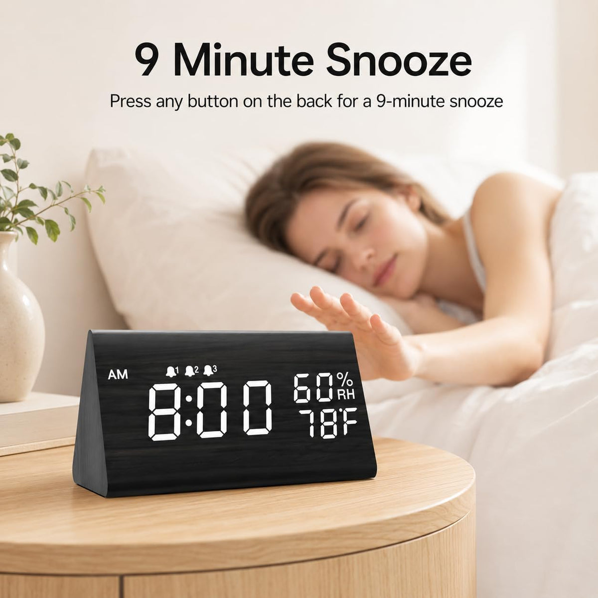 Wooden Digital Alarm Clock for Bedrooms and Office, 3 Alarms with Big Digits, Humidity and Temperature Display, 6-Level Dimmer, Snooze, Loud Desk Clock for Heavy Sleepers, Plug in (Black)